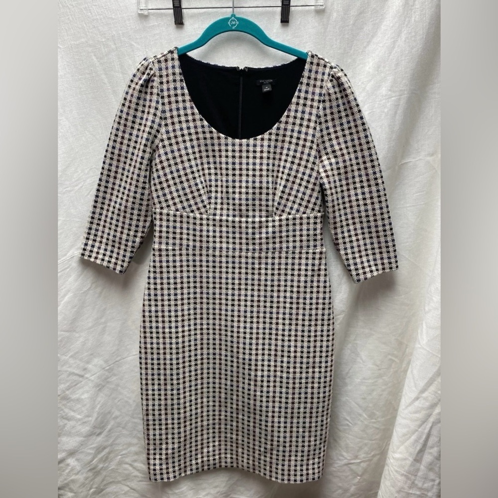 Ann Taylor 6P White Multicolor Houndstooth Puff Sleeve Sheath Dress Work
